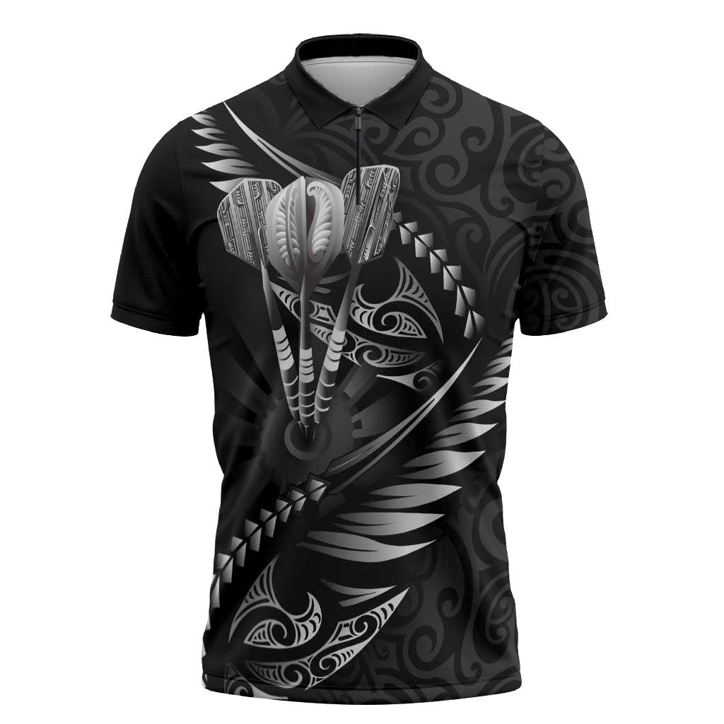 Personalised All Black New Zealand Darts Zipper Polo Shirt Aoteroa Fern Maori Galaxy Style LT14 Black - Polynesian Pride