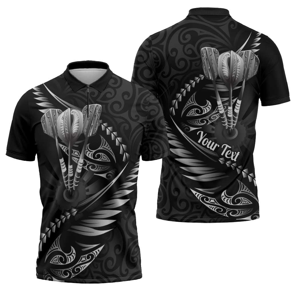 Personalised All Black New Zealand Darts Zipper Polo Shirt Aoteroa Fern Maori Galaxy Style LT14 - Polynesian Pride