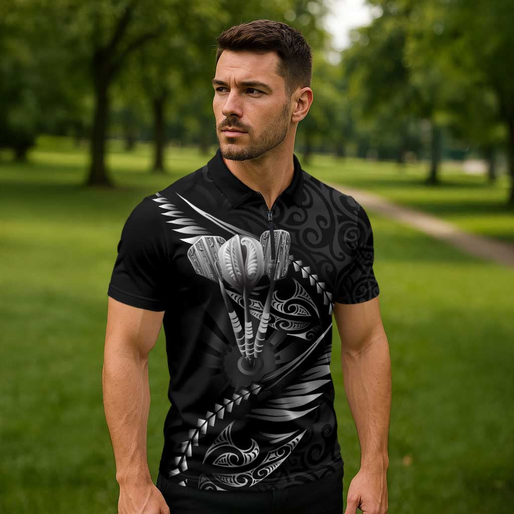 Personalised All Black New Zealand Darts Zipper Polo Shirt Aoteroa Fern Maori Galaxy Style LT14 - Polynesian Pride