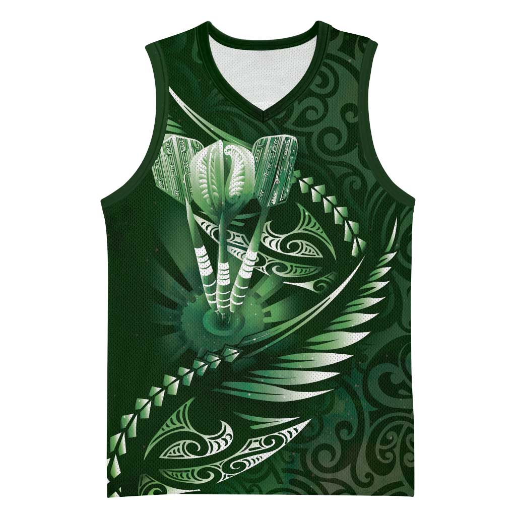 Personalised All Green New Zealand Darts Basketball Jersey Aoteroa Fern Maori Galaxy Style LT14 Unisex Green - Polynesian Pride