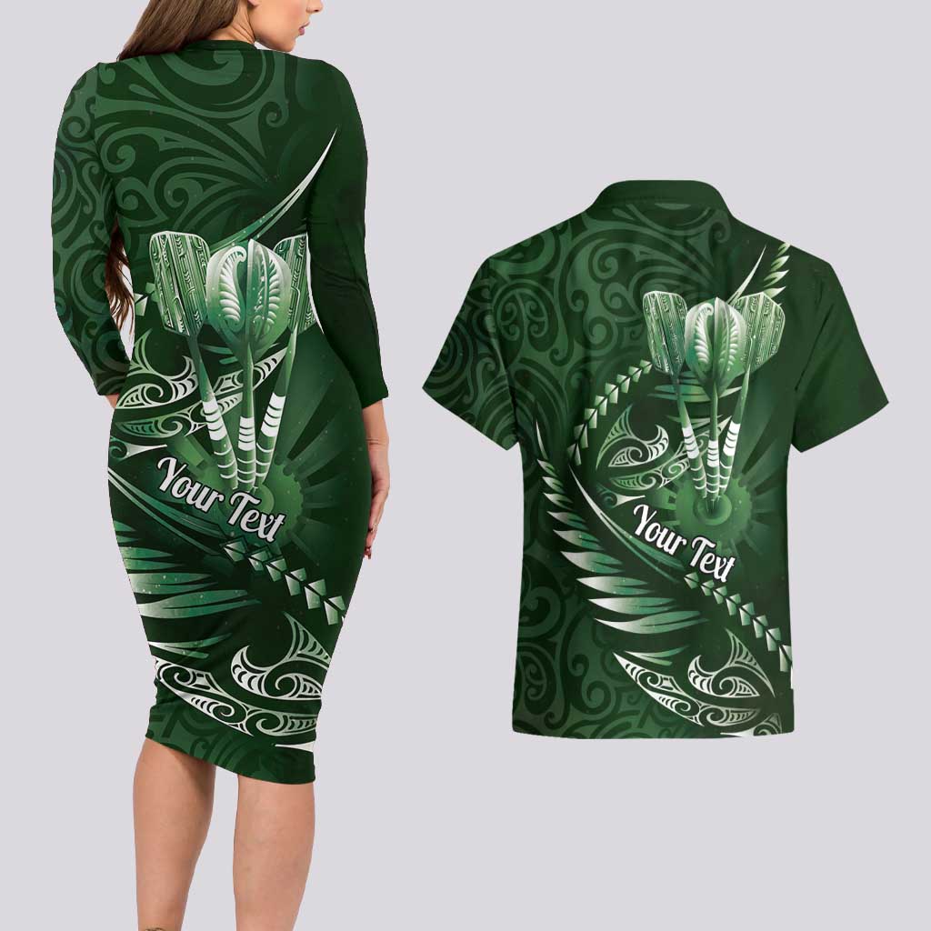 Personalised All Green New Zealand Darts Couples Matching Long Sleeve Bodycon Dress and Hawaiian Shirt Aoteroa Fern Maori Galaxy Style LT14 - Polynesian Pride
