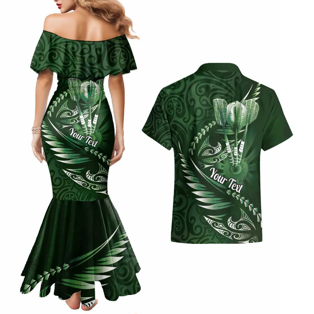 Personalised All Green New Zealand Darts Couples Matching Mermaid Dress and Hawaiian Shirt Aoteroa Fern Maori Galaxy Style LT14 - Polynesian Pride