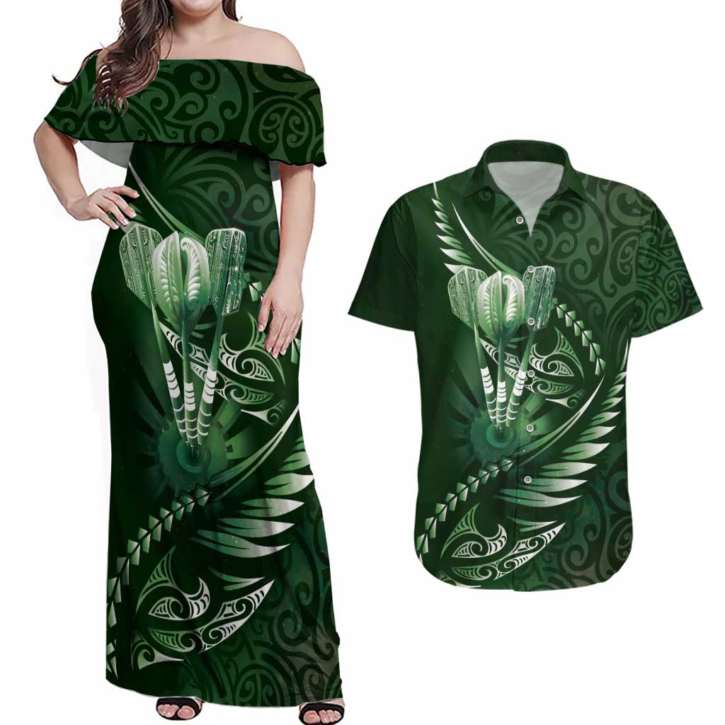 Personalised All Green New Zealand Darts Couples Matching Off Shoulder Maxi Dress and Hawaiian Shirt Aoteroa Fern Maori Galaxy Style LT14 Green - Polynesian Pride