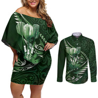 Personalised All Green New Zealand Darts Couples Matching Off Shoulder Short Dress and Long Sleeve Button Shirt Aoteroa Fern Maori Galaxy Style LT14 Green - Polynesian Pride