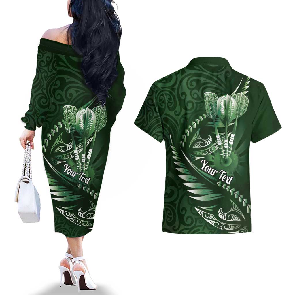 Personalised All Green New Zealand Darts Couples Matching Off The Shoulder Long Sleeve Dress and Hawaiian Shirt Aoteroa Fern Maori Galaxy Style LT14 - Polynesian Pride