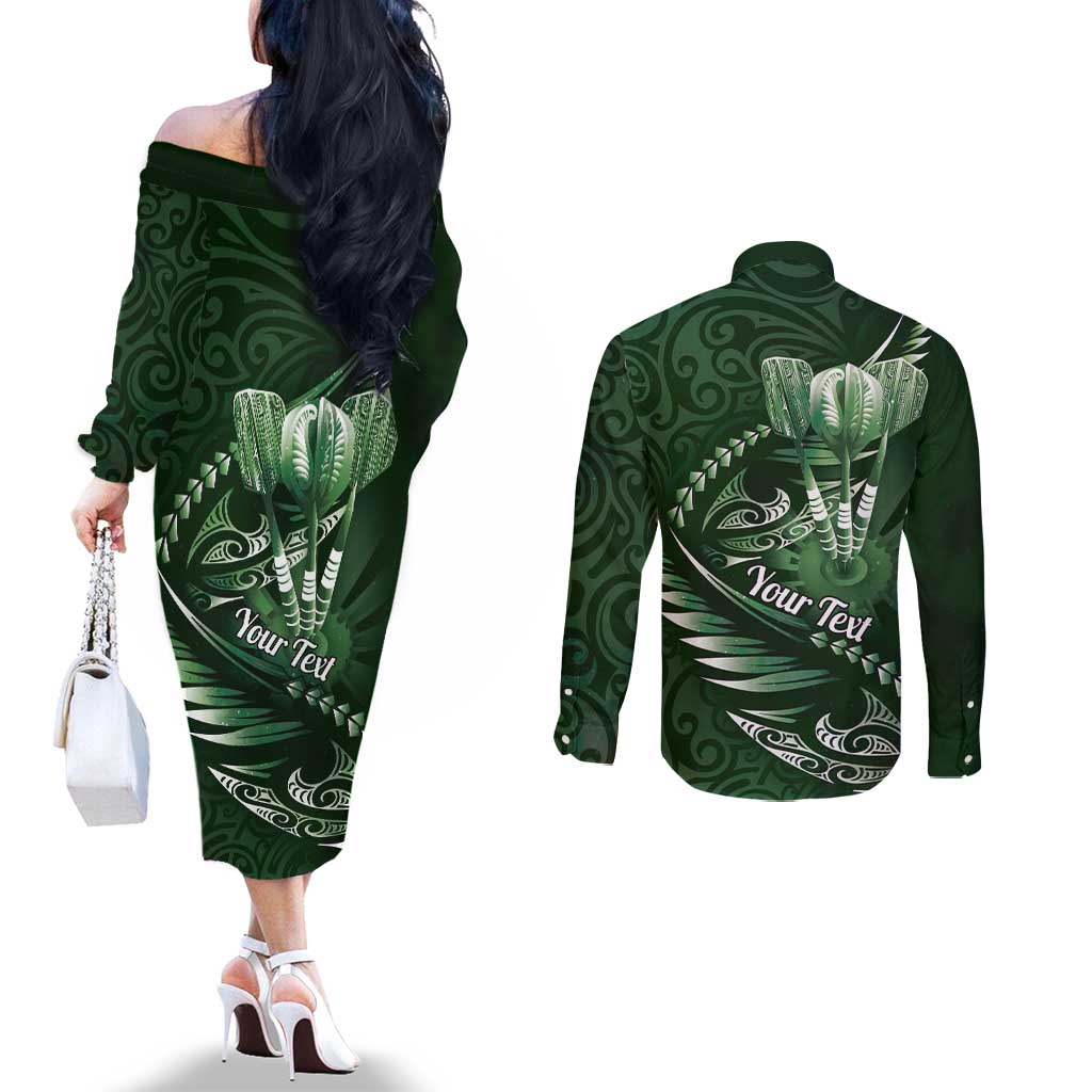 Personalised All Green New Zealand Darts Couples Matching Off The Shoulder Long Sleeve Dress and Long Sleeve Button Shirt Aoteroa Fern Maori Galaxy Style LT14 - Polynesian Pride