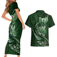 Personalised All Green New Zealand Darts Couples Matching Short Sleeve Bodycon Dress and Hawaiian Shirt Aoteroa Fern Maori Galaxy Style LT14 - Polynesian Pride