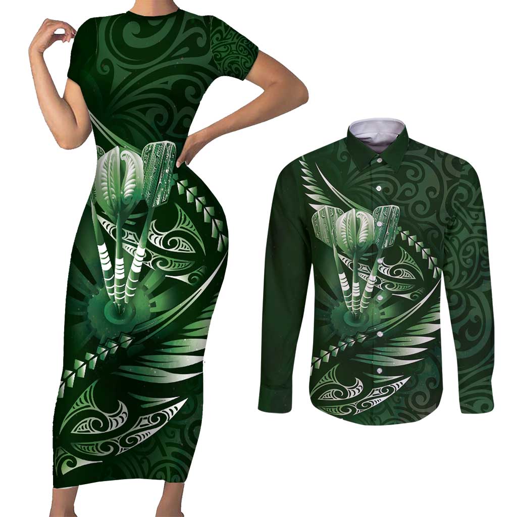 Personalised All Green New Zealand Darts Couples Matching Short Sleeve Bodycon Dress and Long Sleeve Button Shirt Aoteroa Fern Maori Galaxy Style LT14 Green - Polynesian Pride
