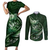 Personalised All Green New Zealand Darts Couples Matching Short Sleeve Bodycon Dress and Long Sleeve Button Shirt Aoteroa Fern Maori Galaxy Style LT14 Green - Polynesian Pride