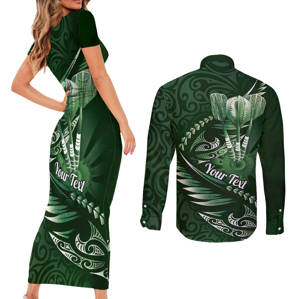 Personalised All Green New Zealand Darts Couples Matching Short Sleeve Bodycon Dress and Long Sleeve Button Shirt Aoteroa Fern Maori Galaxy Style LT14 - Polynesian Pride
