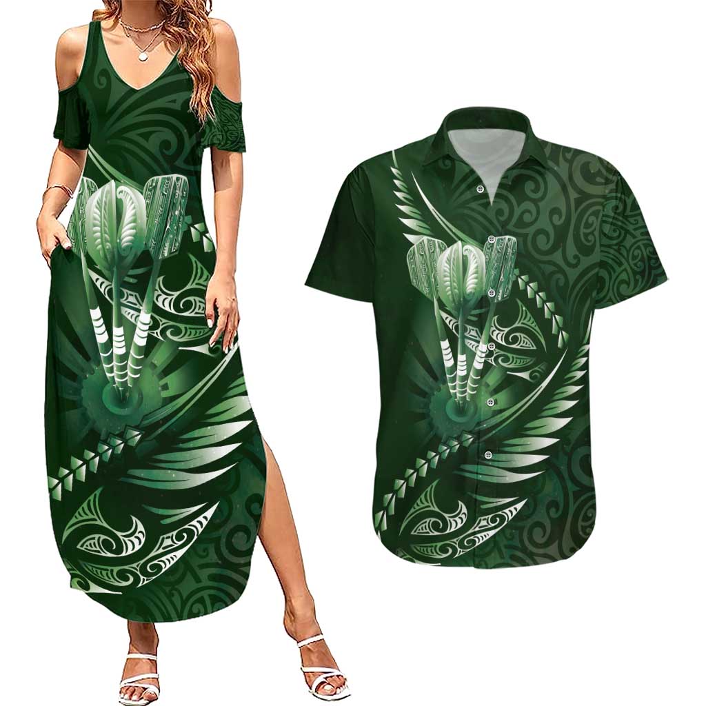 Personalised All Green New Zealand Darts Couples Matching Summer Maxi Dress and Hawaiian Shirt Aoteroa Fern Maori Galaxy Style LT14 Green - Polynesian Pride
