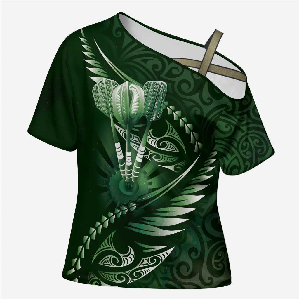 Personalised All Green New Zealand Darts Cross Shoulder Shirt Aoteroa Fern Maori Galaxy Style LT14 Female Green - Polynesian Pride