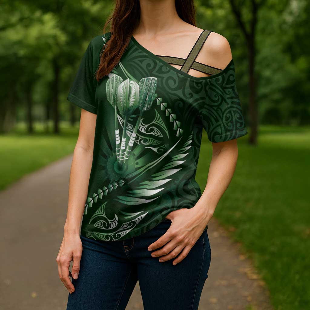 Personalised All Green New Zealand Darts Cross Shoulder Shirt Aoteroa Fern Maori Galaxy Style LT14 - Polynesian Pride