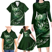 Personalised All Green New Zealand Darts Family Matching Long Sleeve Bodycon Dress and Hawaiian Shirt Aoteroa Fern Maori Galaxy Style LT14 - Polynesian Pride