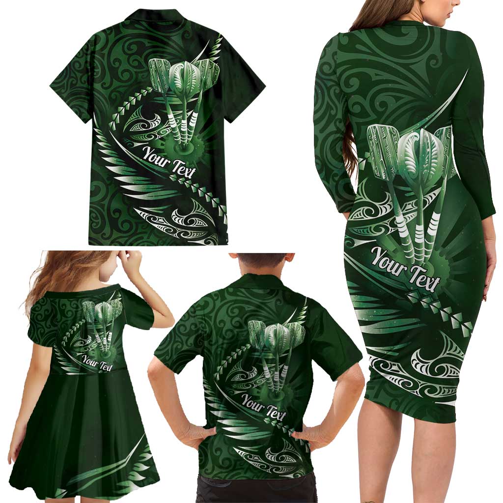 Personalised All Green New Zealand Darts Family Matching Long Sleeve Bodycon Dress and Hawaiian Shirt Aoteroa Fern Maori Galaxy Style LT14 - Polynesian Pride