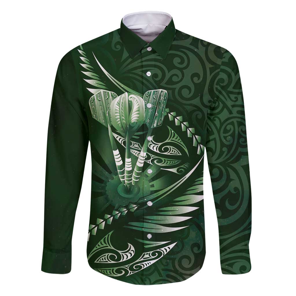 Personalised All Green New Zealand Darts Family Matching Mermaid Dress and Hawaiian Shirt Aoteroa Fern Maori Galaxy Style LT14 Dad's Shirt - Long Sleeve Green - Polynesian Pride