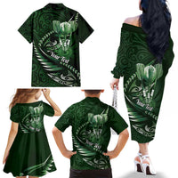 Personalised All Green New Zealand Darts Family Matching Off The Shoulder Long Sleeve Dress and Hawaiian Shirt Aoteroa Fern Maori Galaxy Style LT14 - Polynesian Pride