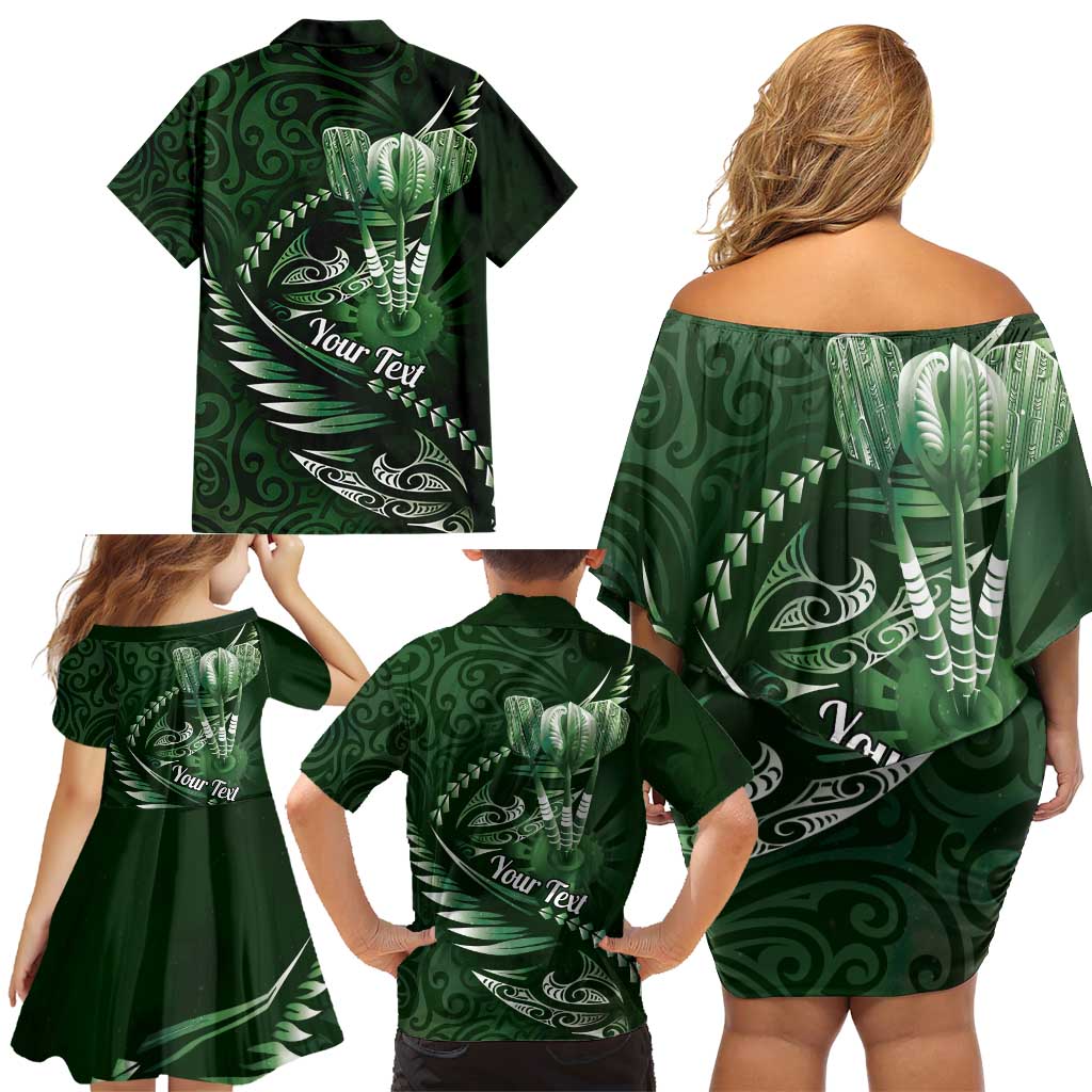 Personalised All Green New Zealand Darts Family Matching Off Shoulder Short Dress and Hawaiian Shirt Aoteroa Fern Maori Galaxy Style LT14 - Polynesian Pride