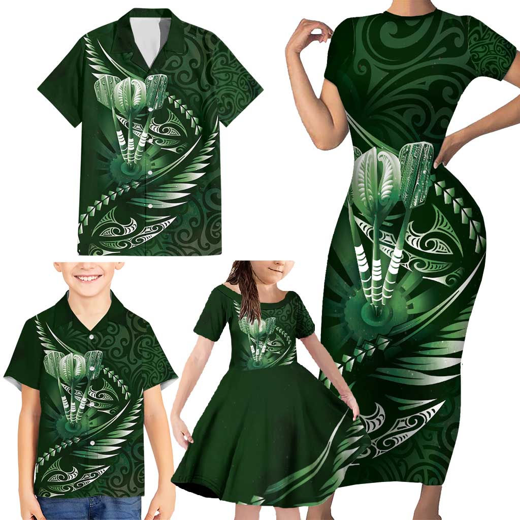 Personalised All Green New Zealand Darts Family Matching Short Sleeve Bodycon Dress and Hawaiian Shirt Aoteroa Fern Maori Galaxy Style LT14 - Polynesian Pride