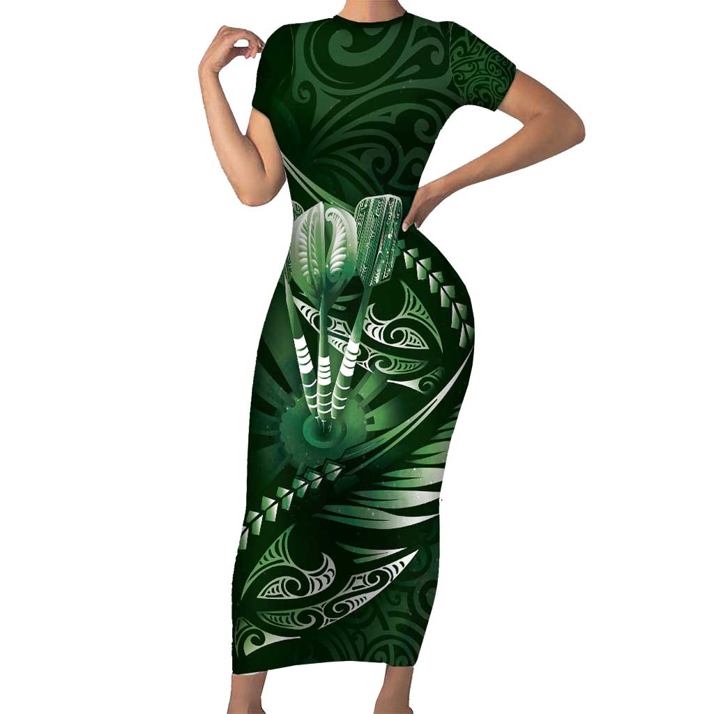 Personalised All Green New Zealand Darts Family Matching Short Sleeve Bodycon Dress and Hawaiian Shirt Aoteroa Fern Maori Galaxy Style LT14 Mom's Dress Green - Polynesian Pride