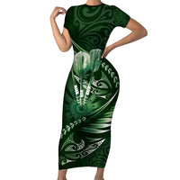 Personalised All Green New Zealand Darts Family Matching Short Sleeve Bodycon Dress and Hawaiian Shirt Aoteroa Fern Maori Galaxy Style LT14 Mom's Dress Green - Polynesian Pride
