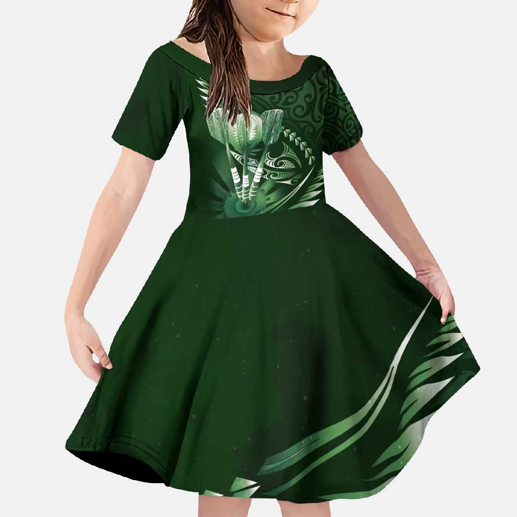 Personalised All Green New Zealand Darts Family Matching Summer Maxi Dress and Hawaiian Shirt Aoteroa Fern Maori Galaxy Style LT14 Daughter's Dress Green - Polynesian Pride