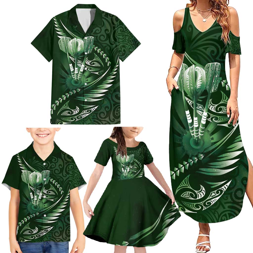 Personalised All Green New Zealand Darts Family Matching Summer Maxi Dress and Hawaiian Shirt Aoteroa Fern Maori Galaxy Style LT14 - Polynesian Pride