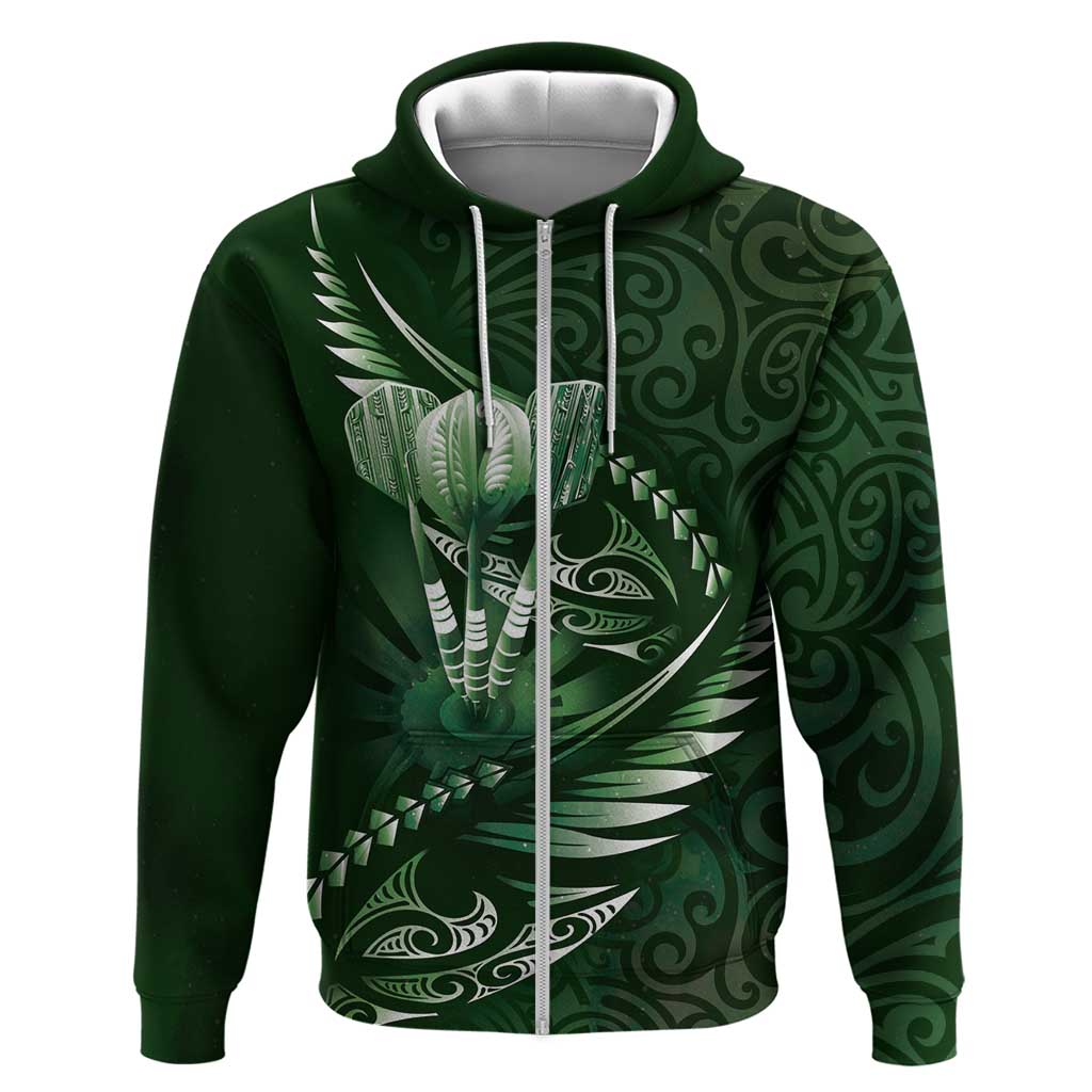Personalised All Green New Zealand Darts Hoodie Aoteroa Fern Maori Galaxy Style LT14 Zip Hoodie Green - Polynesian Pride