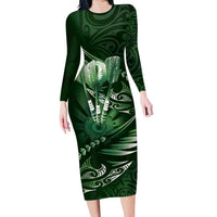 Personalised All Green New Zealand Darts Long Sleeve Bodycon Dress Aoteroa Fern Maori Galaxy Style LT14 Long Dress Green - Polynesian Pride