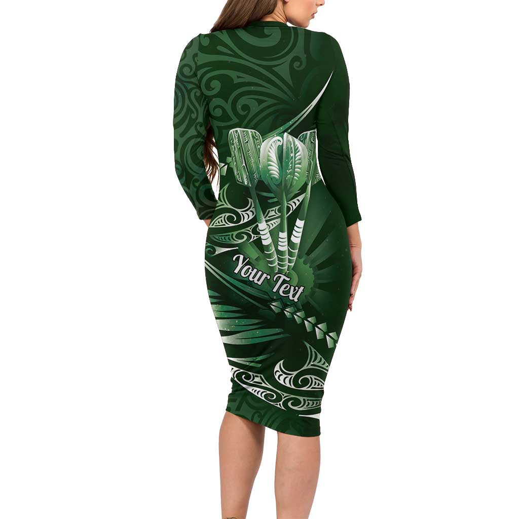 Personalised All Green New Zealand Darts Long Sleeve Bodycon Dress Aoteroa Fern Maori Galaxy Style LT14 - Polynesian Pride