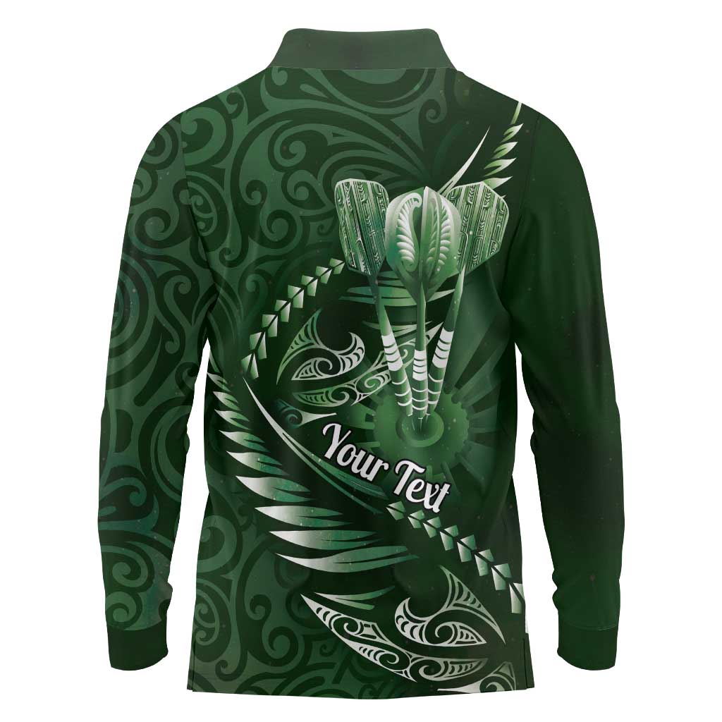 Personalised All Green New Zealand Darts Long Sleeve Polo Shirt Aoteroa Fern Maori Galaxy Style