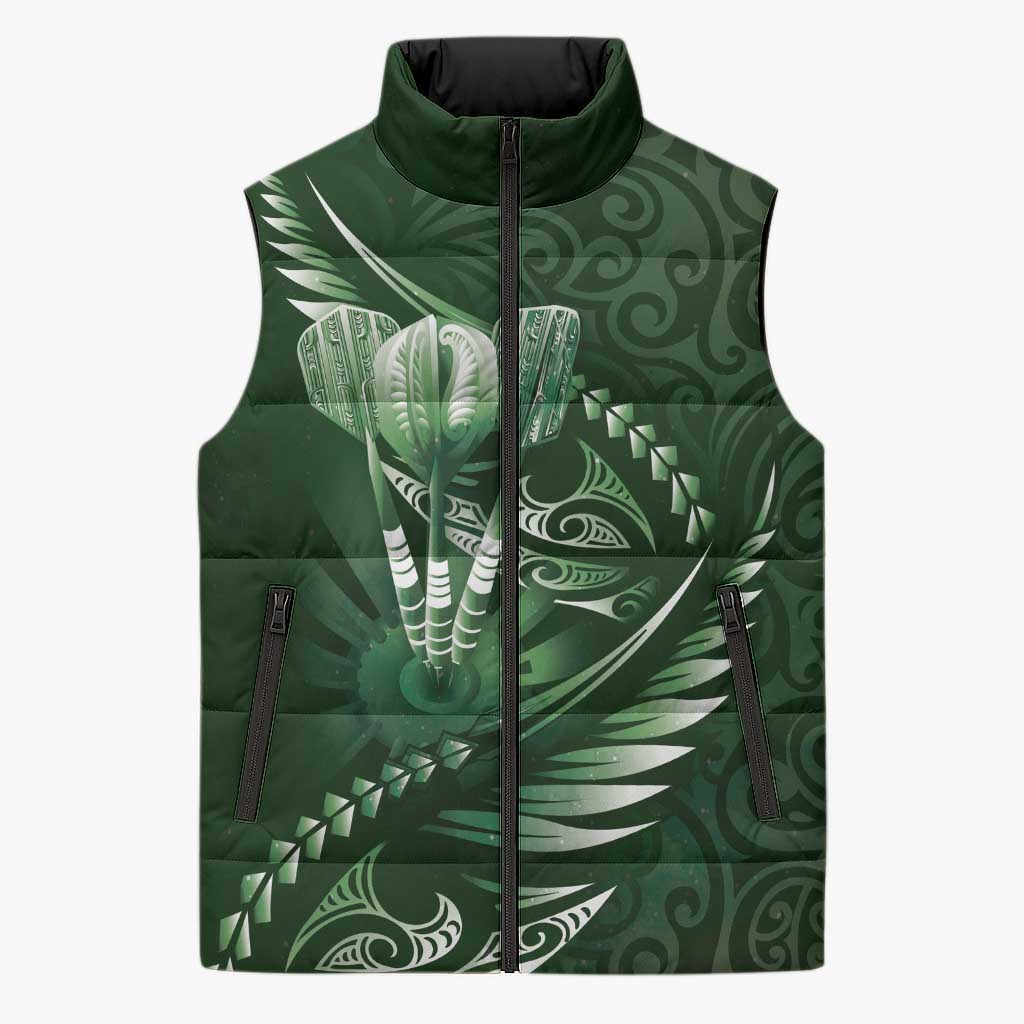 Personalised All Green New Zealand Darts Sleeveless Puffer Jacket Aoteroa Fern Maori Galaxy Style - Polynesian Pride