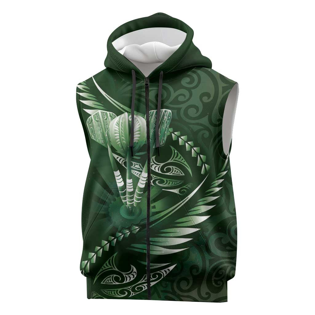 Personalised All Green New Zealand Darts Sleeveless Zip Hoodie Aoteroa Fern Maori Galaxy Style LT14 Green - Polynesian Pride