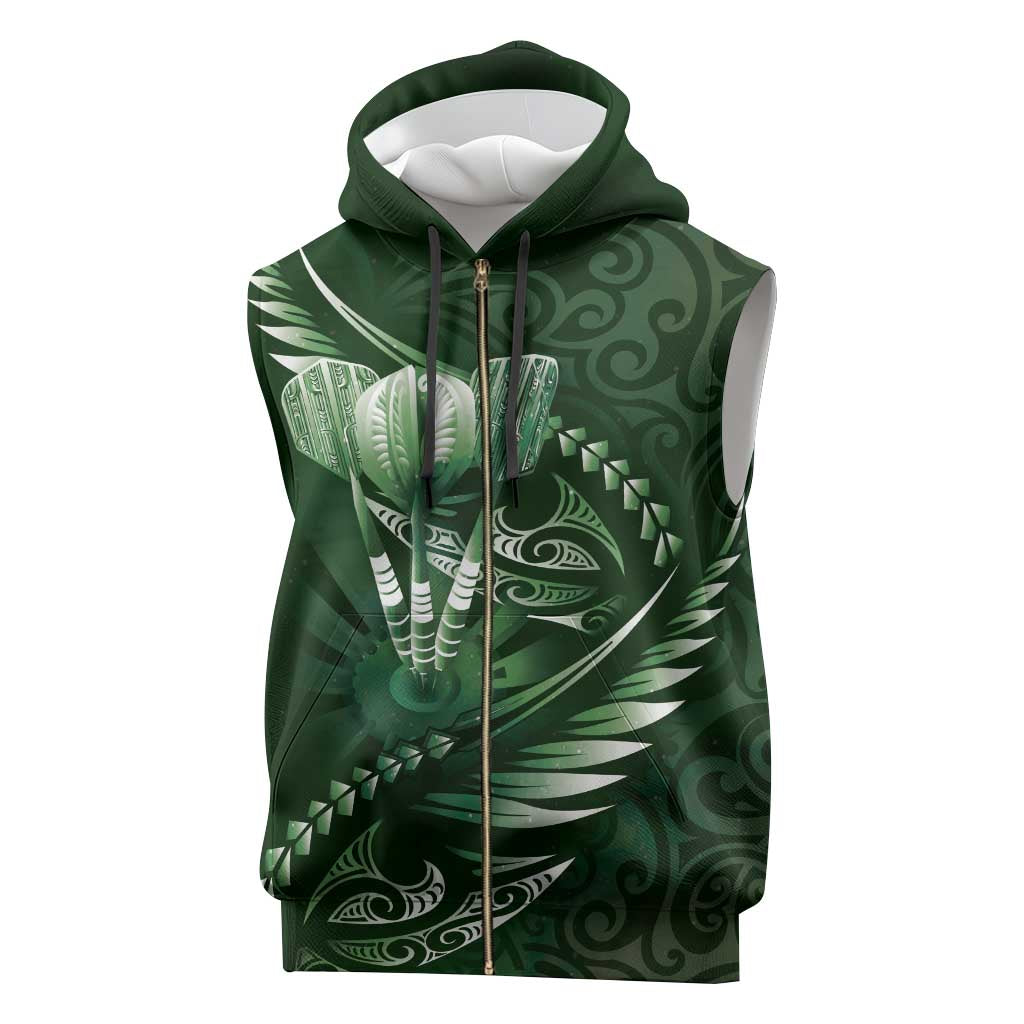 Personalised All Green New Zealand Darts Sleeveless Zip Hoodie Aoteroa Fern Maori Galaxy Style - Polynesian Pride