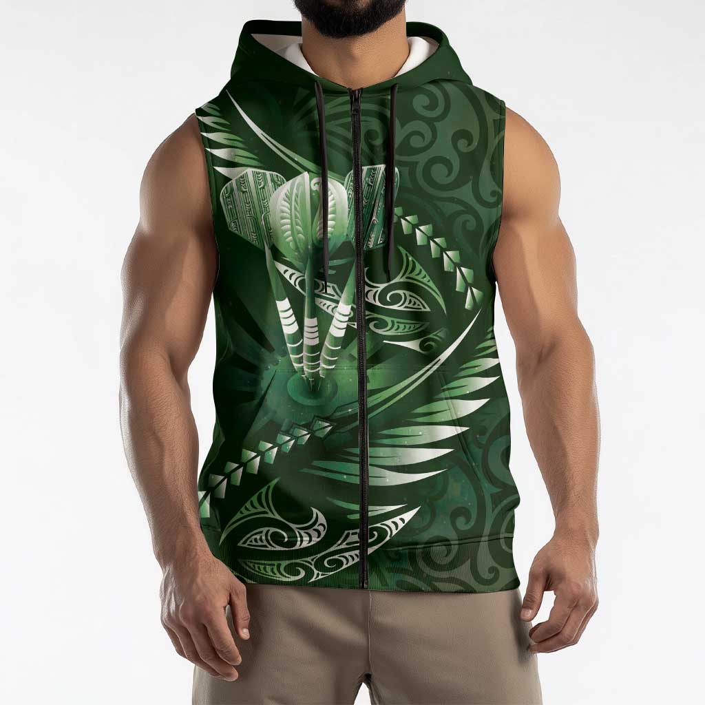 Personalised All Green New Zealand Darts Sleeveless Zip Hoodie Aoteroa Fern Maori Galaxy Style LT14 - Polynesian Pride