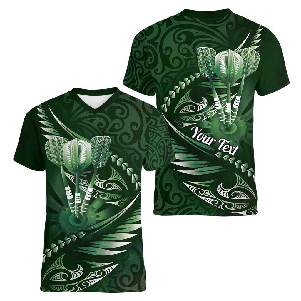 Personalised All Green New Zealand Darts Women V-Neck T-Shirt Aoteroa Fern Maori Galaxy Style