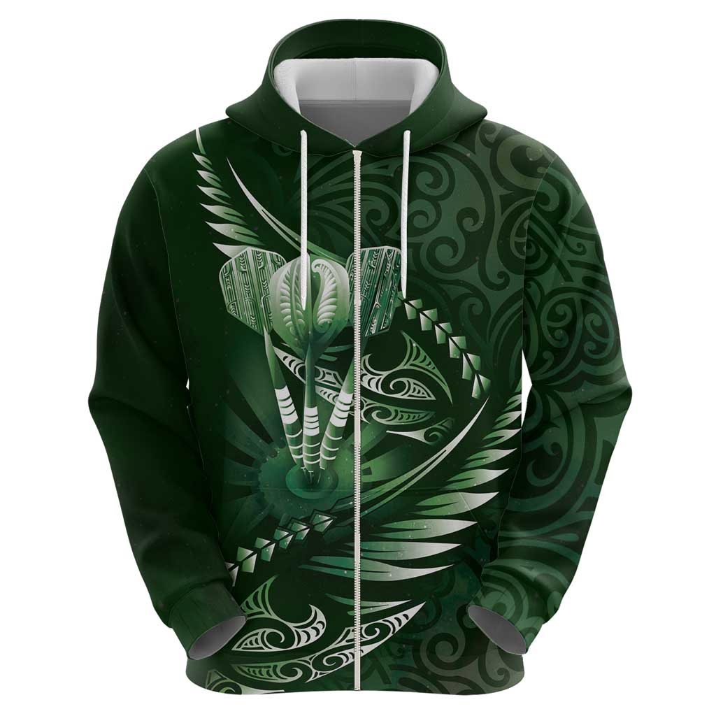 Personalised All Green New Zealand Darts Zip Hoodie Aoteroa Fern Maori Galaxy Style LT14 - Polynesian Pride