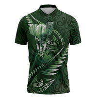 Personalised All Green New Zealand Darts Zipper Polo Shirt Aoteroa Fern Maori Galaxy Style LT14 Green - Polynesian Pride