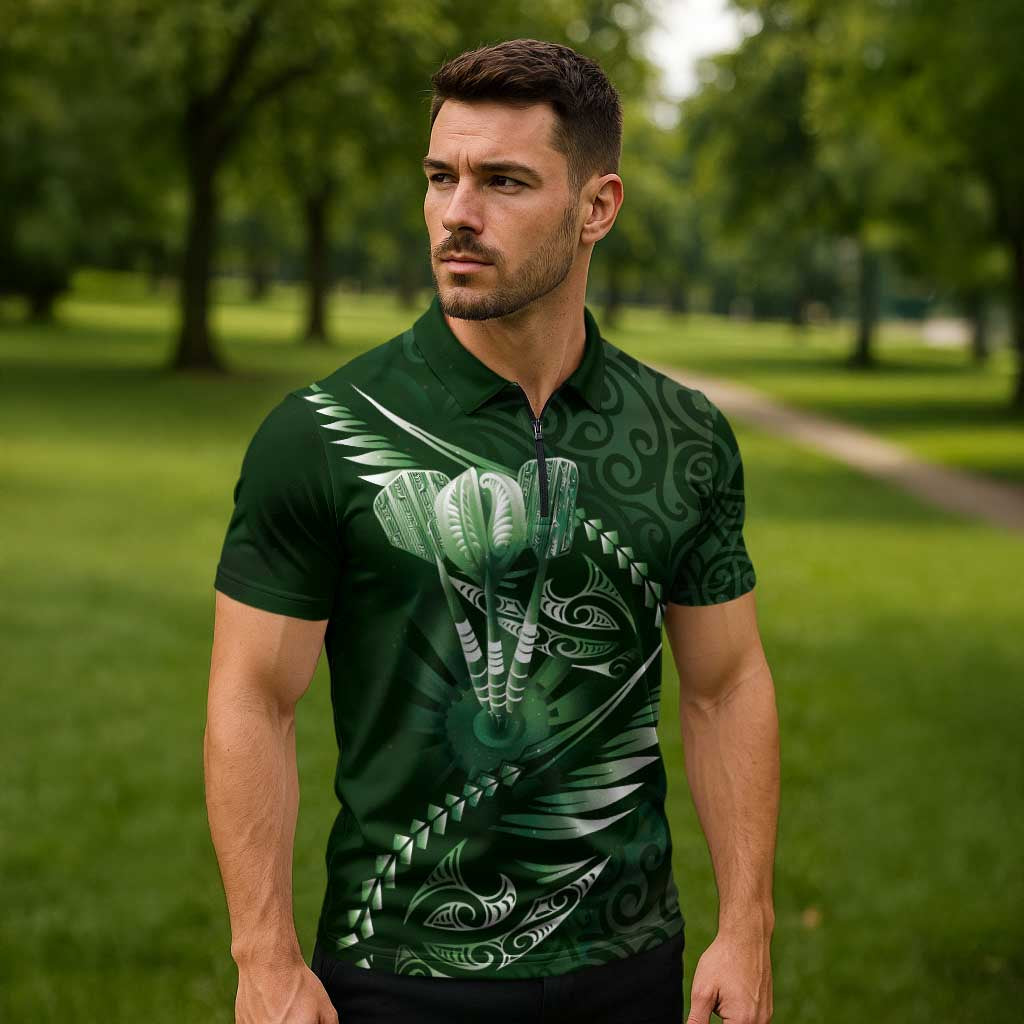 Personalised All Green New Zealand Darts Zipper Polo Shirt Aoteroa Fern Maori Galaxy Style LT14 - Polynesian Pride