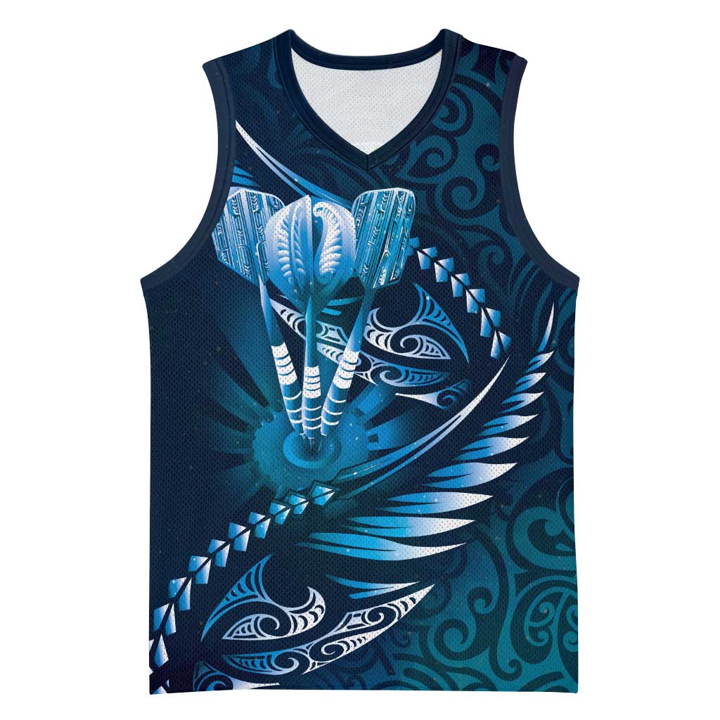 Personalised All Blue New Zealand Darts Basketball Jersey Aoteroa Fern Maori Galaxy Style LT14 Unisex Blue - Polynesian Pride