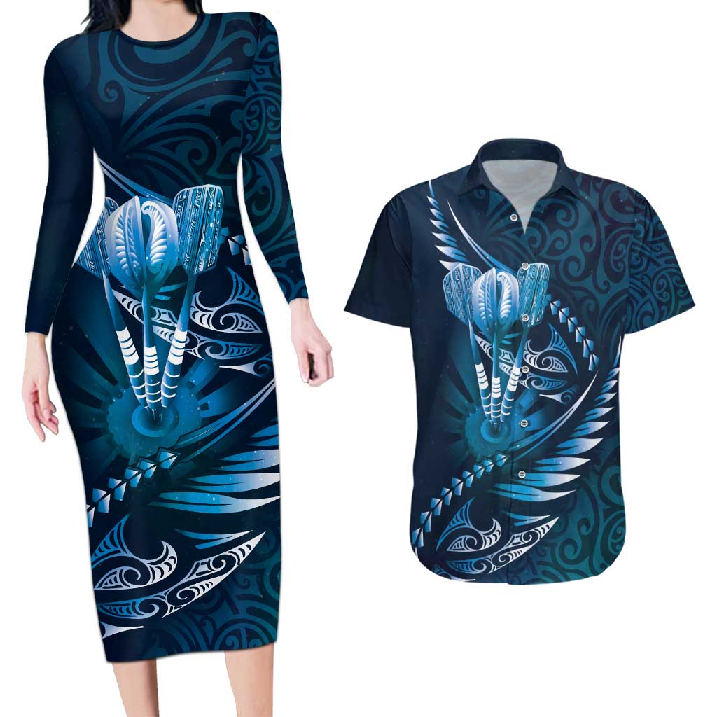 Personalised All Blue New Zealand Darts Couples Matching Long Sleeve Bodycon Dress and Hawaiian Shirt Aoteroa Fern Maori Galaxy Style LT14 Blue - Polynesian Pride