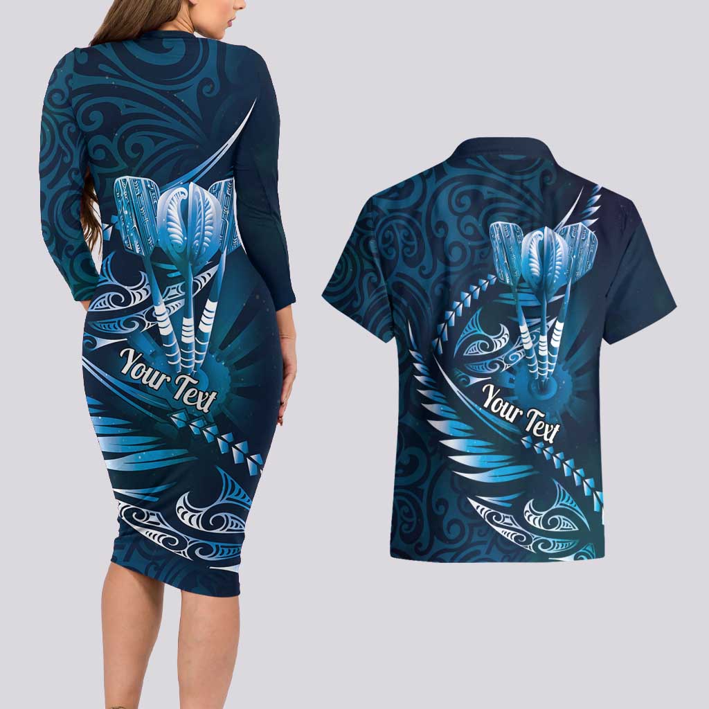 Personalised All Blue New Zealand Darts Couples Matching Long Sleeve Bodycon Dress and Hawaiian Shirt Aoteroa Fern Maori Galaxy Style LT14 - Polynesian Pride