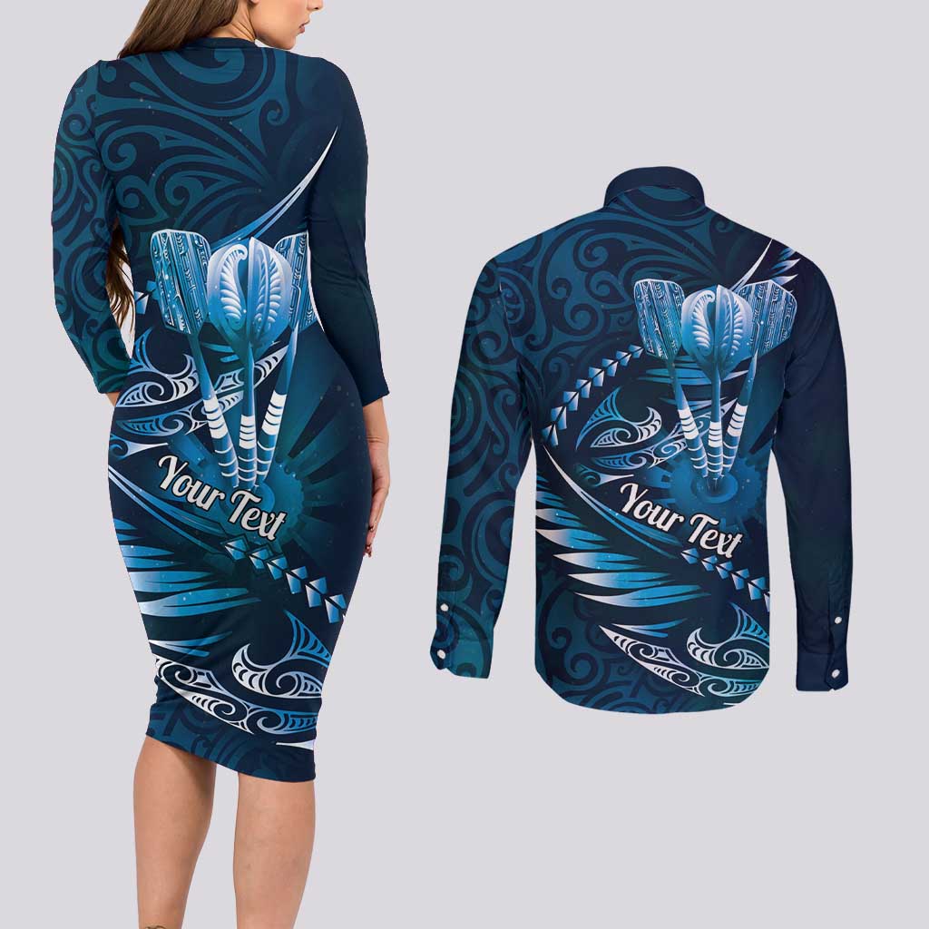 Personalised All Blue New Zealand Darts Couples Matching Long Sleeve Bodycon Dress and Long Sleeve Button Shirt Aoteroa Fern Maori Galaxy Style LT14 - Polynesian Pride