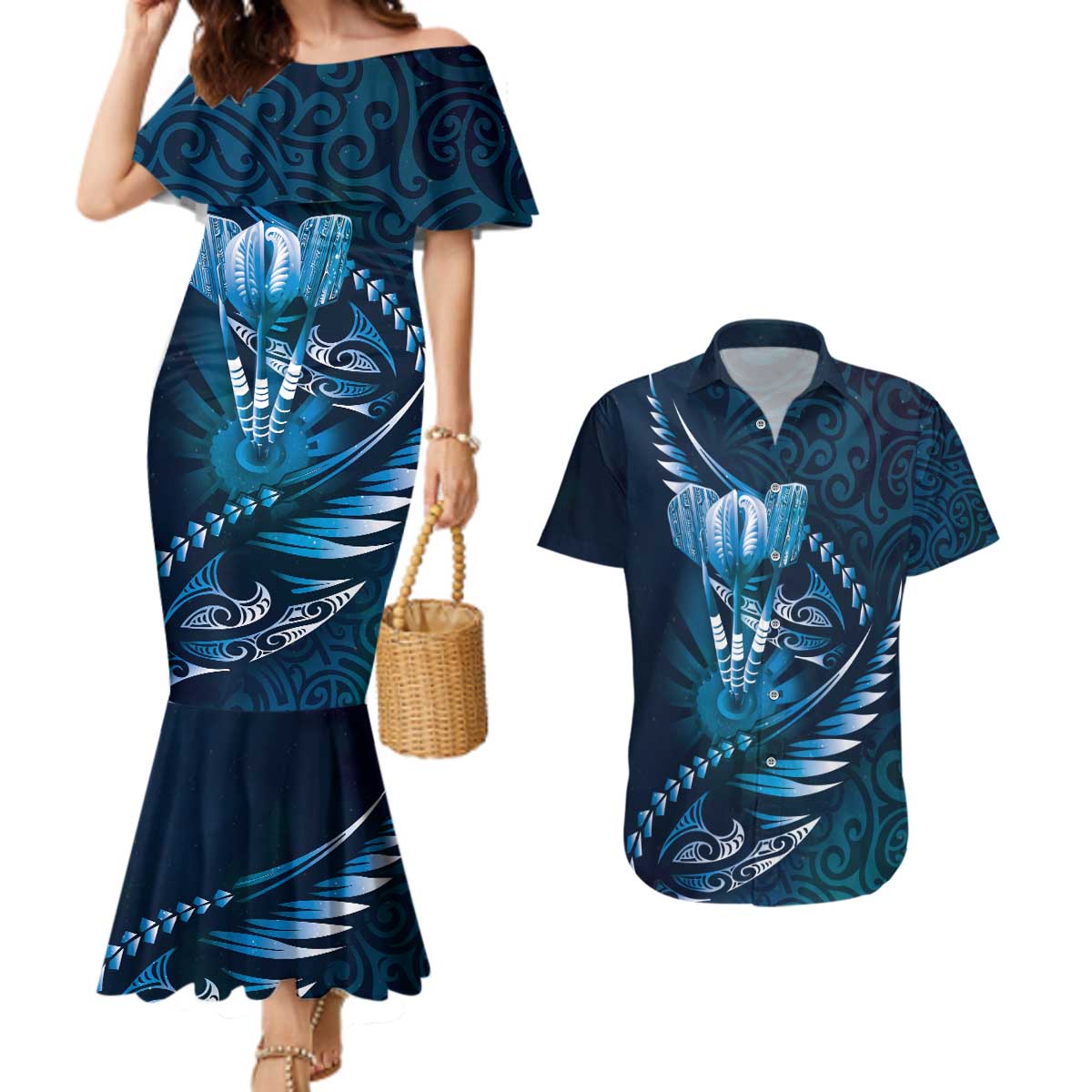 Personalised All Blue New Zealand Darts Couples Matching Mermaid Dress and Hawaiian Shirt Aoteroa Fern Maori Galaxy Style