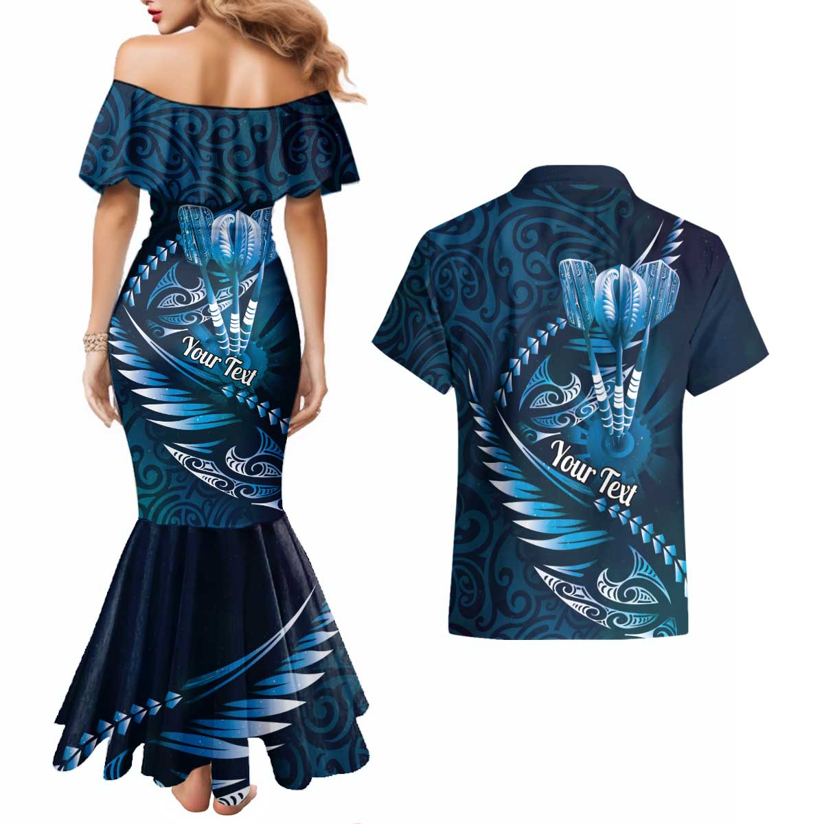 Personalised All Blue New Zealand Darts Couples Matching Mermaid Dress and Hawaiian Shirt Aoteroa Fern Maori Galaxy Style LT14 - Polynesian Pride