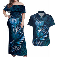 Personalised All Blue New Zealand Darts Couples Matching Off Shoulder Maxi Dress and Hawaiian Shirt Aoteroa Fern Maori Galaxy Style LT14 Blue - Polynesian Pride