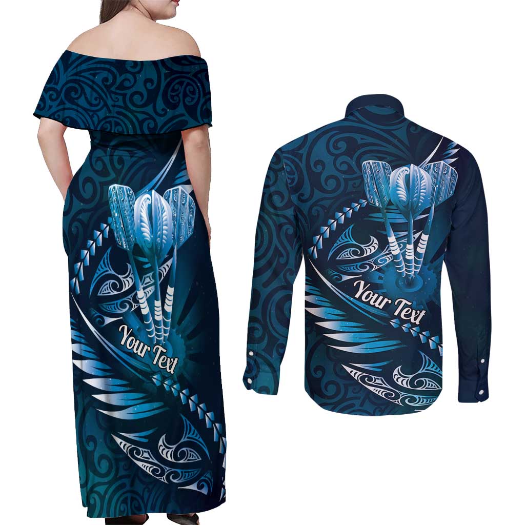Personalised All Blue New Zealand Darts Couples Matching Off Shoulder Maxi Dress and Long Sleeve Button Shirt Aoteroa Fern Maori Galaxy Style LT14 - Polynesian Pride