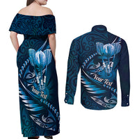 Personalised All Blue New Zealand Darts Couples Matching Off Shoulder Maxi Dress and Long Sleeve Button Shirt Aoteroa Fern Maori Galaxy Style LT14 - Polynesian Pride