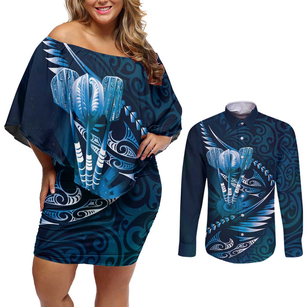 Personalised All Blue New Zealand Darts Couples Matching Off Shoulder Short Dress and Long Sleeve Button Shirt Aoteroa Fern Maori Galaxy Style LT14 Blue - Polynesian Pride