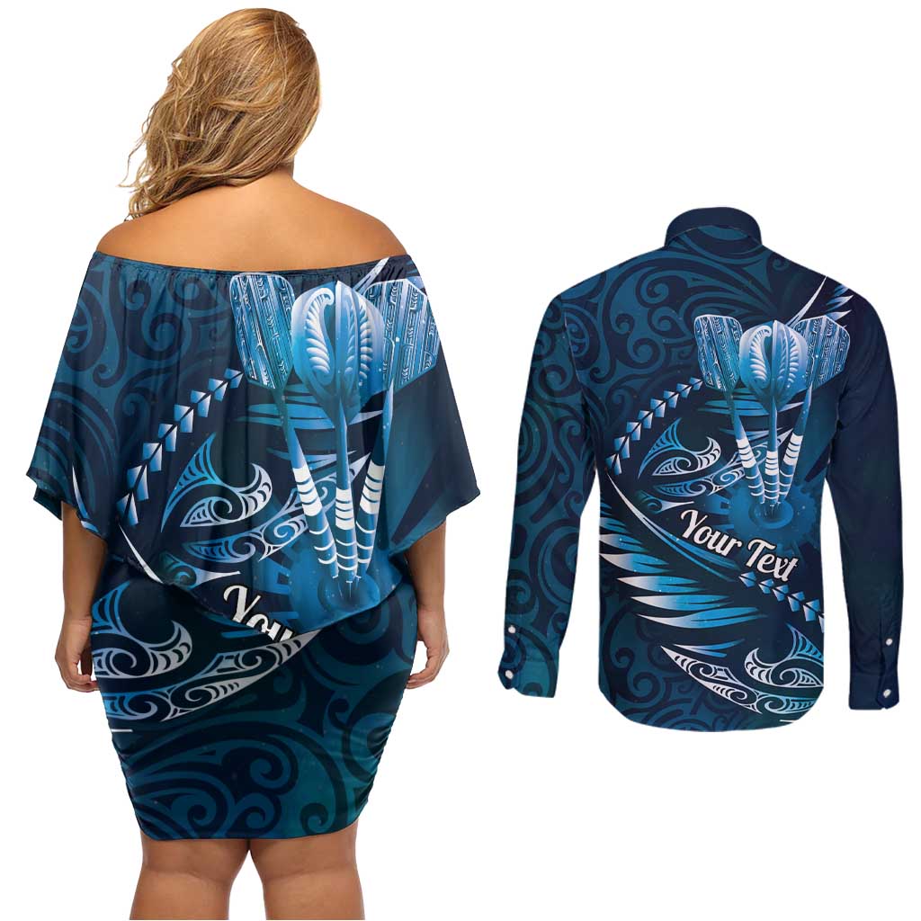 Personalised All Blue New Zealand Darts Couples Matching Off Shoulder Short Dress and Long Sleeve Button Shirt Aoteroa Fern Maori Galaxy Style LT14 - Polynesian Pride